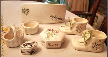 7 Vintage Handcrafted Ceramic Pieces - Dresser Jars, Shoes, Baskets, Letter / Photos Holder