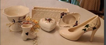 Seven Vintage Handcrafted Ceramics Pieces- Shoe, Dresser Jar, Compote, Planter