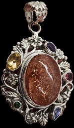 Bali, Sri Lanken Sunstone, Multi-Gemstone Floral Pendant In Sterling