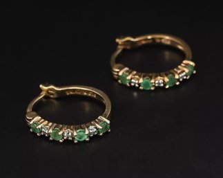 Stunning Emerald & Diamond Hoop Earrings In Gold Over Sterling