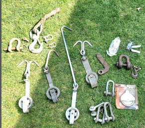 20 Assorted Iron Pulleys- Shackles, Some With Meat Hooks, Clamps