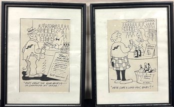2 Framed Vintage Bill Yates Cartoons About Cigarettes, Floyd Buford Yates 7/5/21 - 32601.     52WA-B