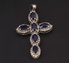 Blue Sapphire & Topaz Cross Necklace Pendant In Sterling