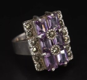 ART DECO Amethyst & Marcasite Cocktail Ring In Sterling