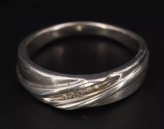 Sterling Silver Diamond Fluted Men's Wedding Band Ring