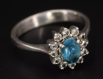 White CZ & Blue Topaz Halo Cocktail Ring In Sterling