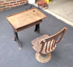 Great Antique Child's School Chair & Desk - Wood & Steel Support System ...G