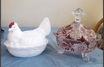 Vintage Westmoreland Milk Glass Hen On Nest Dish & Red And Clear Lidded Glass Candy Dish BR2