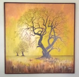 Wood Framed Large Oil On Canvas With Bare Trees Against Sunrise Or Sunset Background LvRM