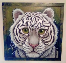 Large Hand Painted Tiger On Wood - Rustics By Jan McPherson - Initialed In Front    BR1