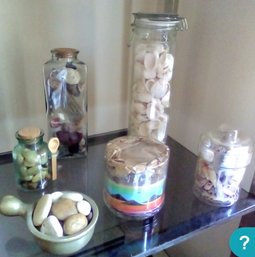 Shells, Colored Sand Design & Beach Stones -  6 Lovely Display Items In Various Glass Or Metal Vessels   LvRm