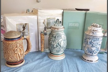 Four AVON Steins- New In Original Boxes - Country Western, Old Time Racing Cars, Christopher  Columbus