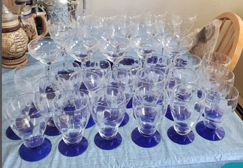 35 Vintage Louis Weston Wine, Cocktail & Beverages Etched Crystal Glasses With Cobalt Blue Bases.  UndKittable