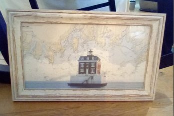 New London Ledge Light Lighthouse Print & Boating Chart Backdrop -  Distressed White Painted Wood Frame  LR