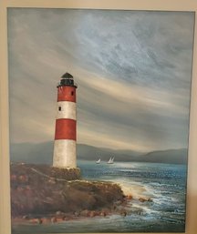 Large Oil Painting Of Lighthouse Ocean Scene With Sailboats & 3D Beach Stones Dotting The Bottom 50 X 40 DR