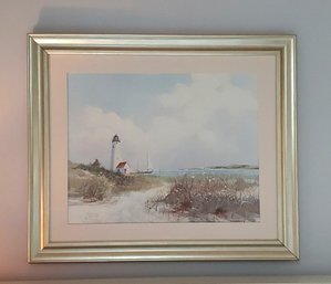 Large Framed Oil Seascape On Board - Lighthouse On The Shoreline Signed By Jacqueline Penney   BR