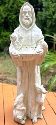 Garden Statuary - White Saint Francis Of Assisi Statue & Petite Bird Bath - With Animals