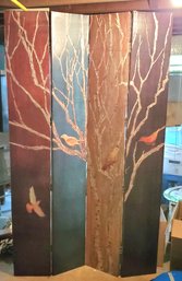 Beautiful Two- Sided Hand Painted, 4- Panel Room Divider With Lovely Birds & Trees      Bsmt