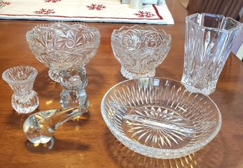 Seven Pieces Of Sparkling Clear Crystal- Teddy & Polar Bears, 3 Bowls, Vase & Toothpick Holder.   LR