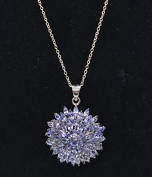 Tanzanite Dahlia Floral Spray Pendant Necklace In Platinum Over Sterling