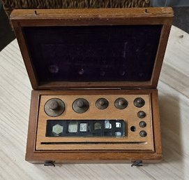 Early 1900s American Antique Laboratory Testing Supply Kit With Weights In Solid Wood Case