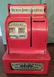 Vintage Uncle Sam's 3 Coin Register Bank / Savings Box With Red Finish By Western Stamping Co.