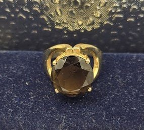 Beautiful Faceted Dark Smokey Quartz Ring In 14 Karat / 750 Gold Setting - Size 7.25