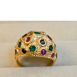 14kt Dome Shaped Gold Ring With Small Beveled Ruby, Emerald And Sapphire Stones