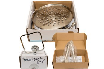 NEW! Moen Isabel Rainfall Shower Head, Shower Arm, And Kohler Towel Ring