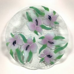 Sydenstricker Art Glass Platter With Pink And White Flowers 13 1/2' Diameter