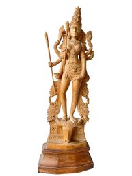 Vintage Wooden Hindu Statue Of A Goddess  Over A Bull Head, Maybe Durga .14' Tall