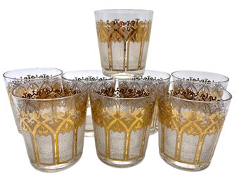 8 Mid Century Gold Decorated , Lowball Tumbler Glasses.