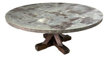 Industrial Style Metal Patchwork Top Table Over Wood X Base