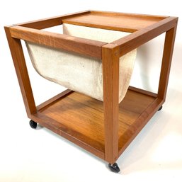 Nordisk Andels-aksport Mid Century Danish Teak Rolling Table With Canvas Sling Magazine Holder