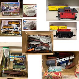 Collection Of Model Railroad Trains And Tracks, Various Sizes