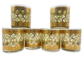 6 Mid Century Gold Decorated , Culver Valencia Lowball Tumblers.