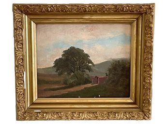 Antique Oil On Canvas Of Landscape With Horse Crossing Bridge, Maine Label On Back, Unsigned. (#15)
