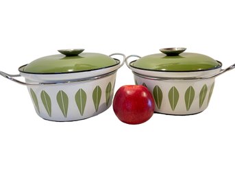 Pair Of Chatrineholm Green And White Lotus Design Covered Pots.
