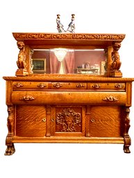 Spectacular Antique  Quarter Sawn Oak Server With Hand Carved Griffins.