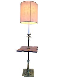 Brass And Wood Floor Lamp/ Side Table. 57' Tall