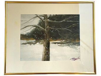 Vintage Watercolor Painting Featuring A Naked Tree At The Snow, Signed Illegibly (B-21)