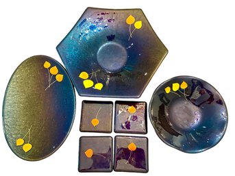 David Cuin Seven  Pieces Of Signed Art Glass - Three Service Pieces And Four Coasters .