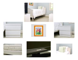 White Twin Bed And Two 2-drawers Cube Nightstands With New Bedding  And Decorative Pillows Included