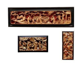 Set Of 3 Gilded Chinese Wall Relief Panels.