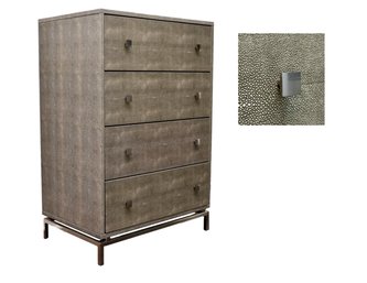 CB2 Shagreen Embossed 4 Drawer Tall Chest-Dresser With Brush Square  Knobs  Floating Over Brush Chrome Frame