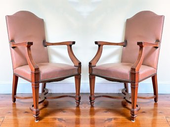 A Pair Of Carved Mahogany Arm Chairs With Nailhead Trim In Leather