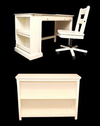 White Desk With Side Rail Shelving  Swivel Chair And Bookcase