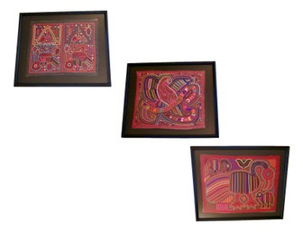 Set Of 3  Mola Textile  Fauna Applique Art Framed