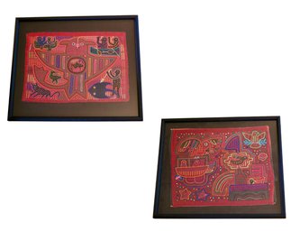 Set Of  2 Mola Textile  Fish And Fauna Applique Art Framed