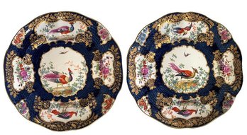 Pair Of Antique Booths Chelsea Bird Cobalt Blue Porcelain Hand Painted Cabinet Plates